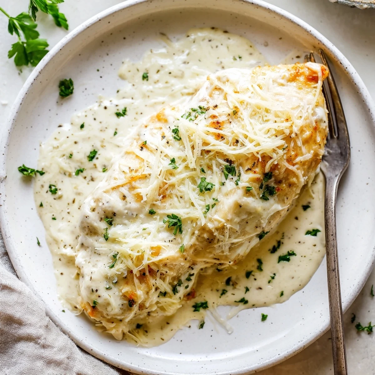 Baked Caesar Chicken With Creamy Parmesan Sauce, golden bubbly top, parsley garnish.