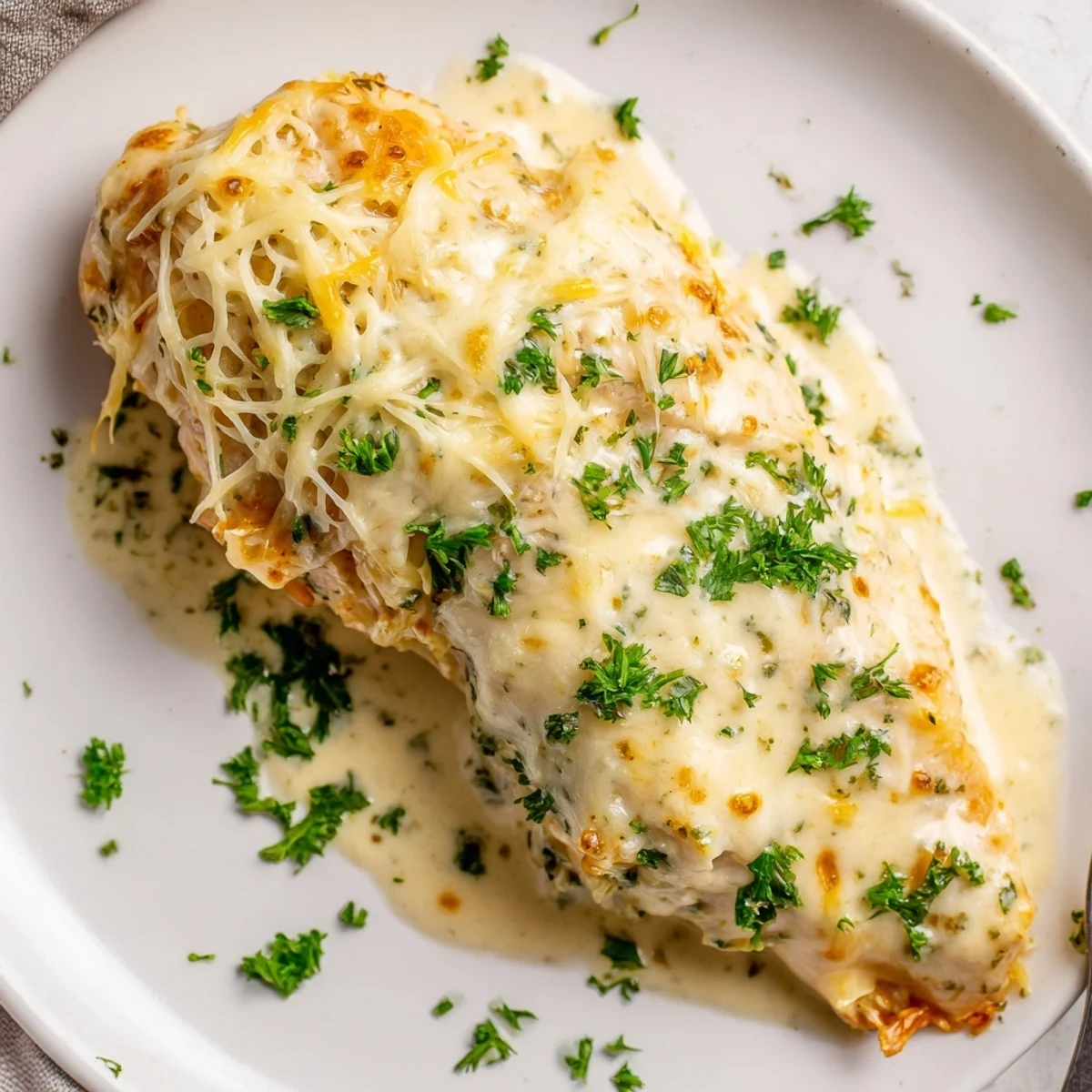 Baked Caesar Chicken With Creamy Parmesan Sauce served over roasted vegetables.