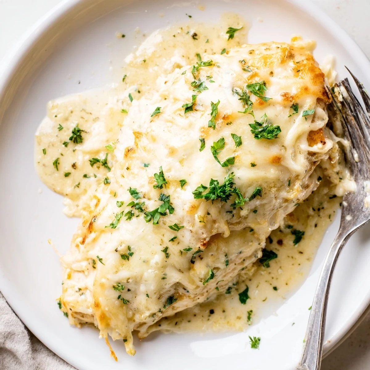 Tender slices of Baked Caesar Chicken With Creamy Parmesan Sauce, citrus hint.