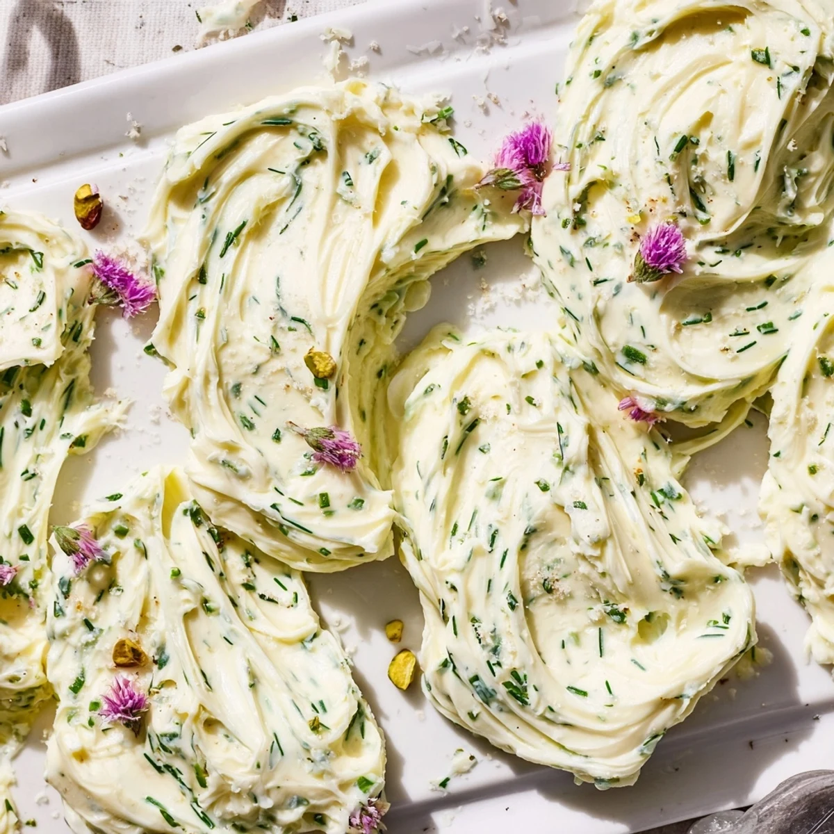 Rustic Creamy Herb Infused Butter Board with swirls, olive oil sheen, fresh herbs