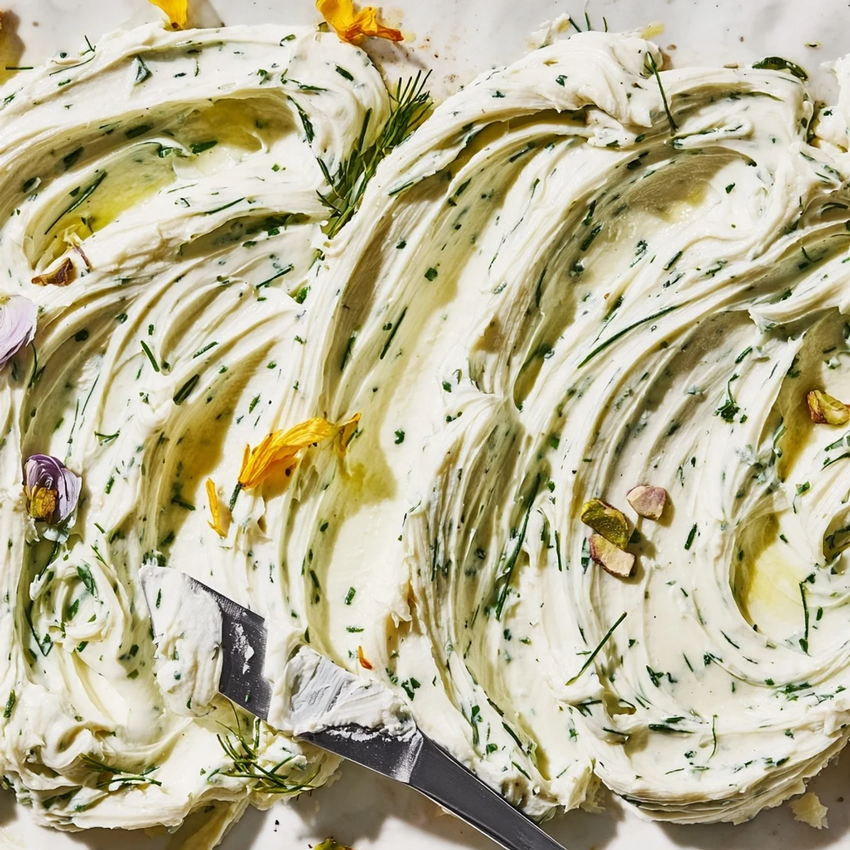 Close-up Rustic Creamy Herb Infused Butter Board topped with edible flowers