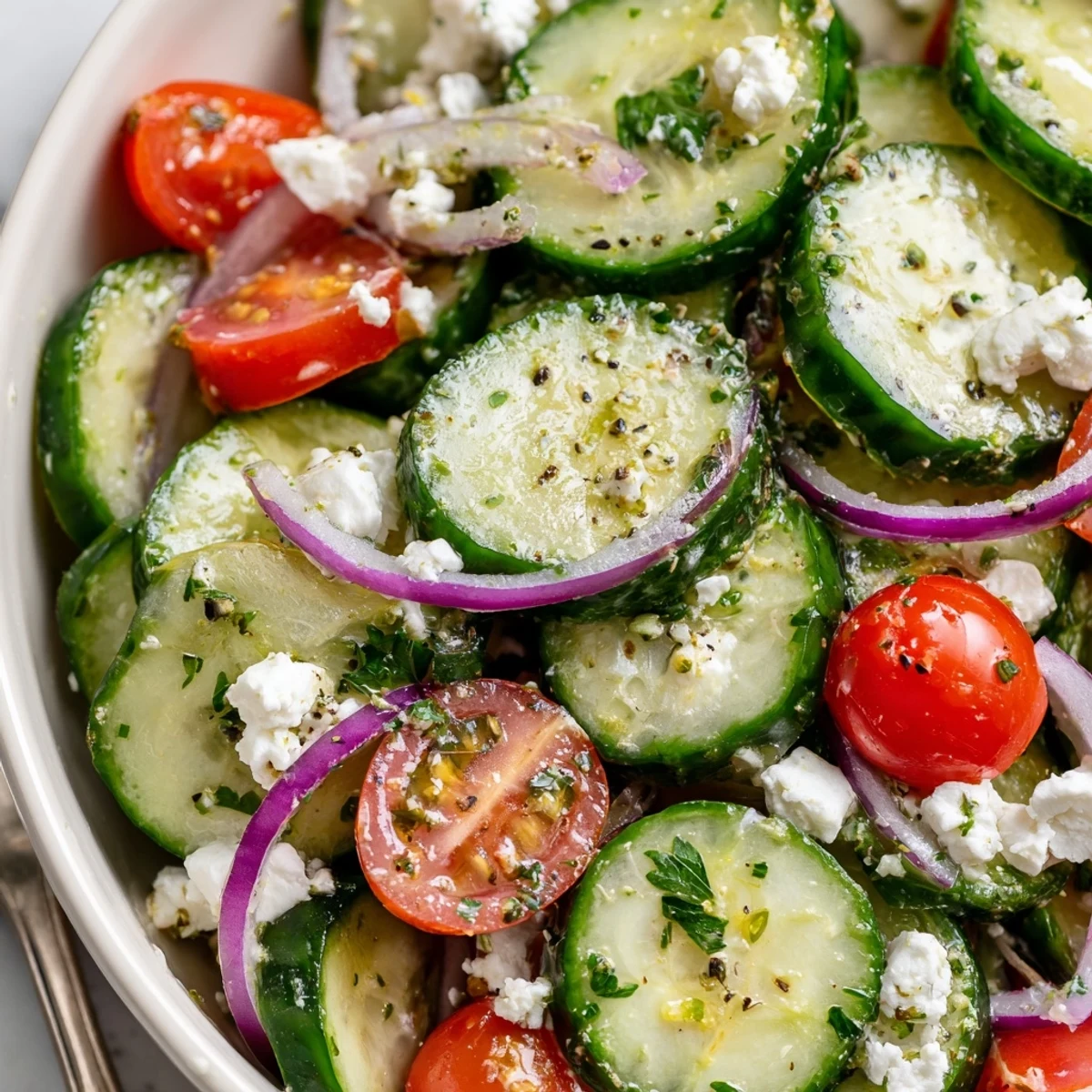 Cucumber Feta Salad With Lemon Greek Vinaigrette: crisp cucumbers, creamy feta, served chilled.