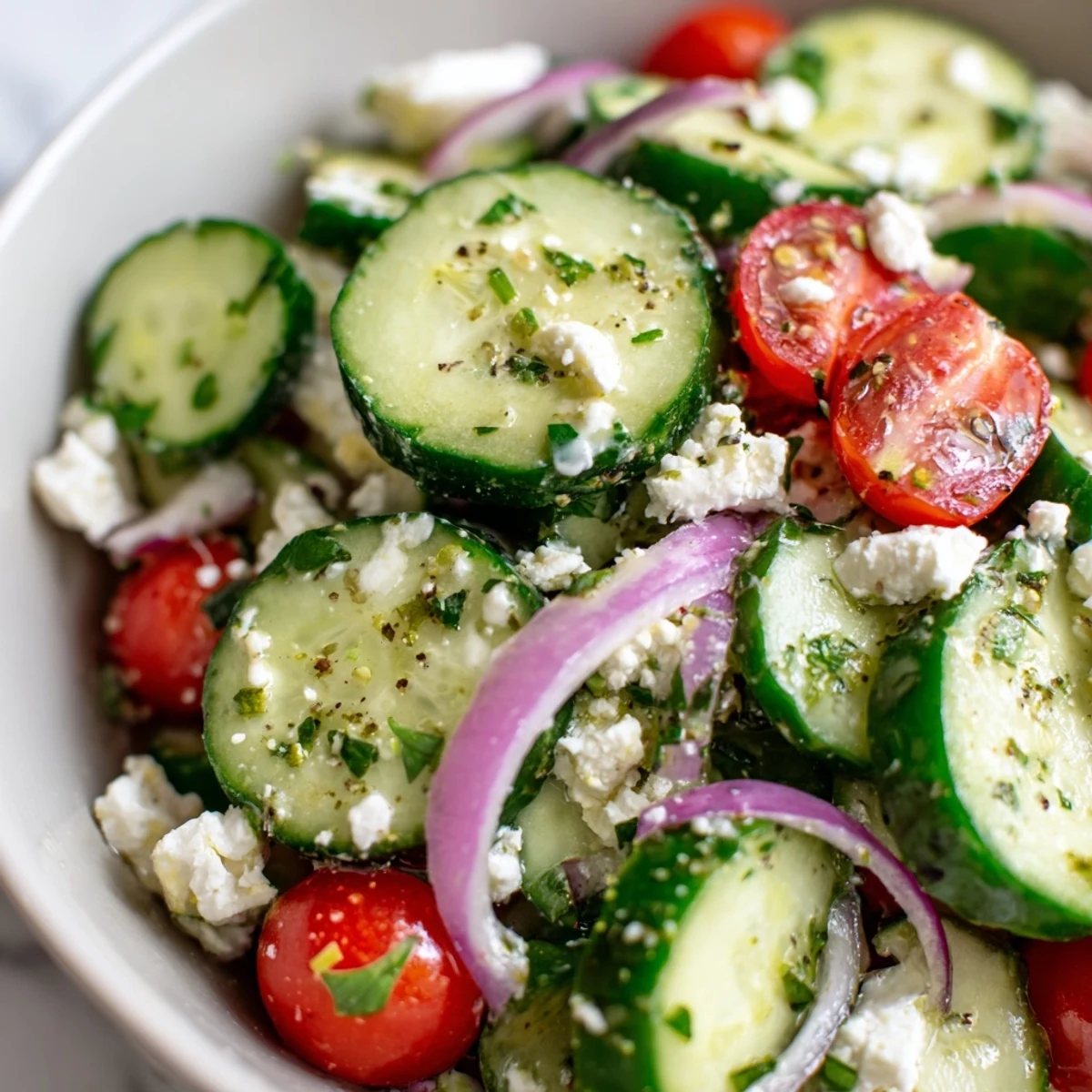 Tossed in a bowl, Cucumber Feta Salad With Lemon Greek Vinaigrette smells zesty.