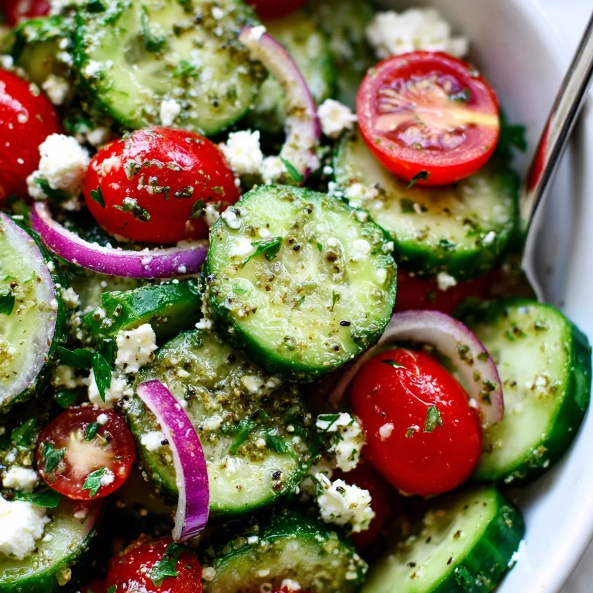 Colorful cucumbers, tomatoes, feta, tossed—Cucumber Feta Salad With Lemon Greek Vinaigrette perfect alongside chicken.