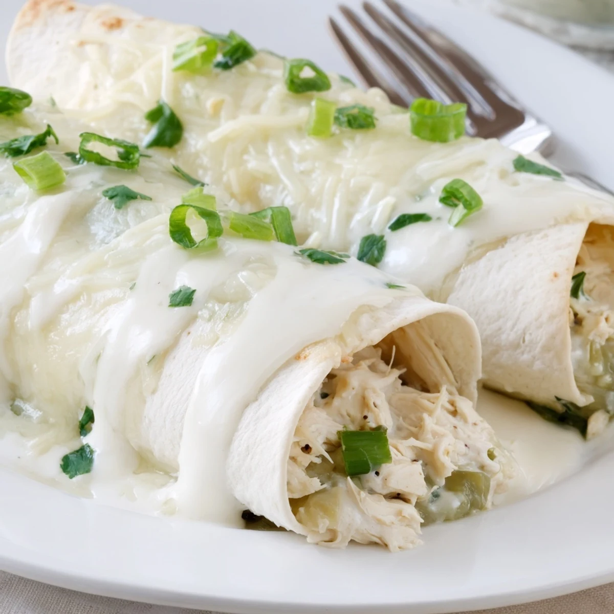 White Rotisserie Chicken Enchiladas topped with chopped cilantro, served hot with rice