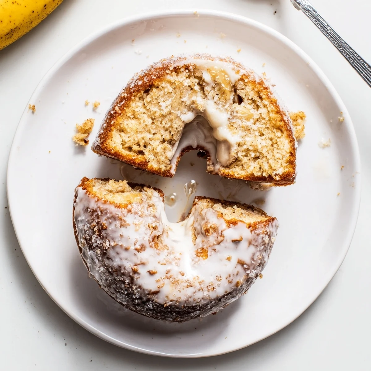Stacked banana donuts served for breakfast with cinnamon sprinkle and coffee