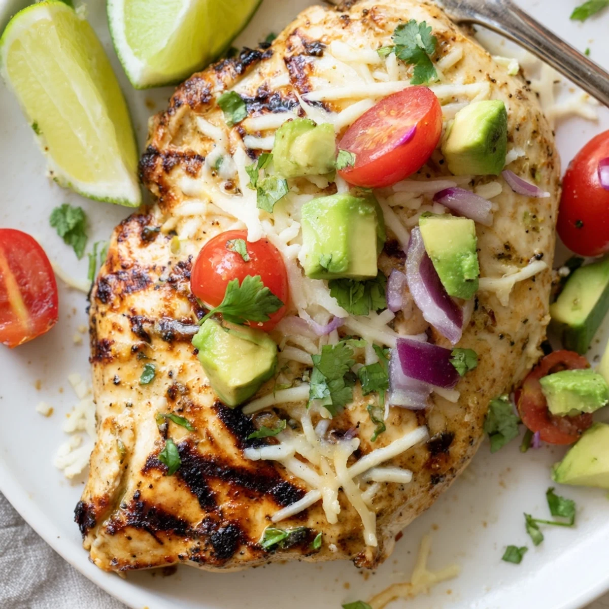 Juicy Fiesta Lime Chicken With Avocado served with lime wedges and cilantro.