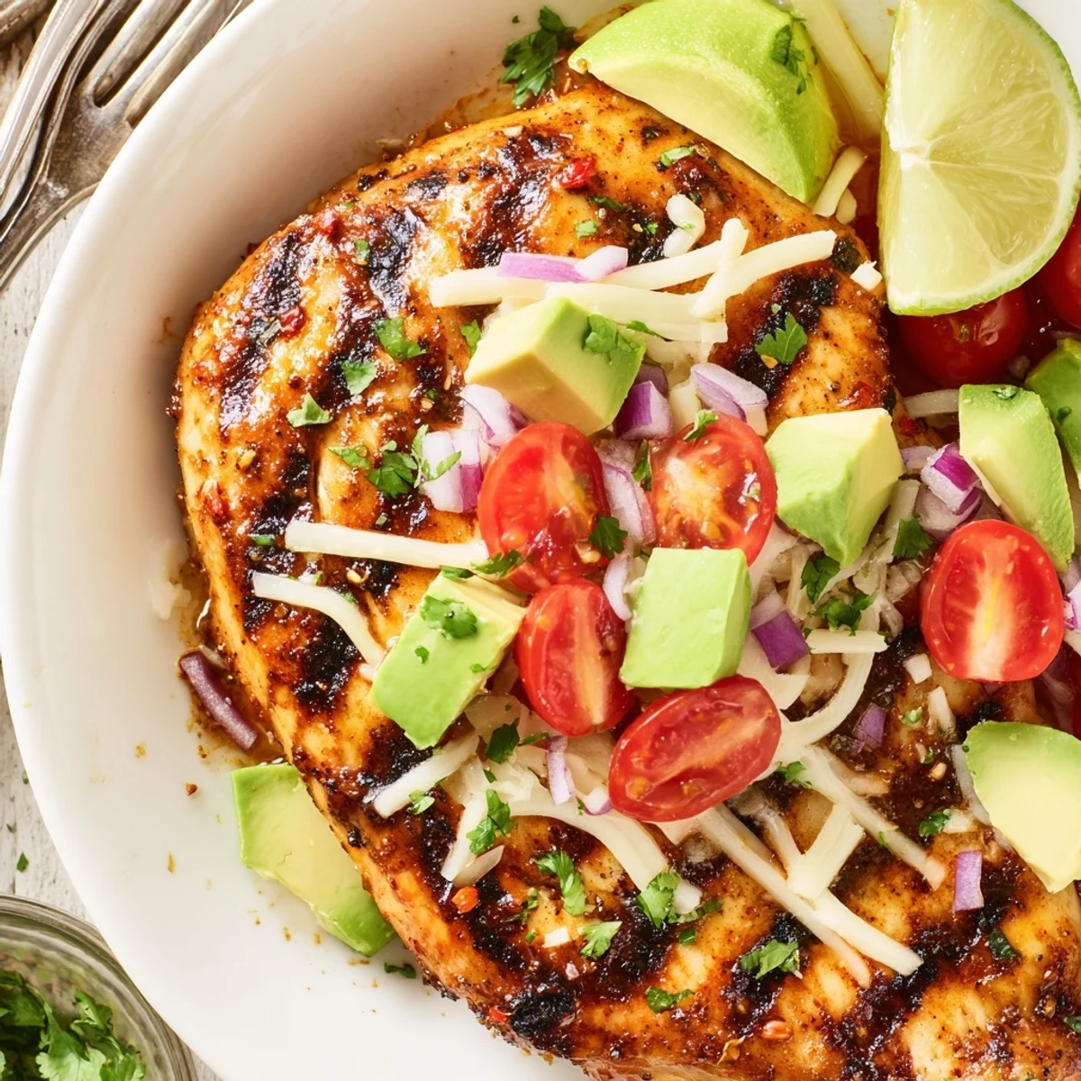 Grilled Fiesta Lime Chicken With Avocado topped with zesty tomato-cilantro salsa.