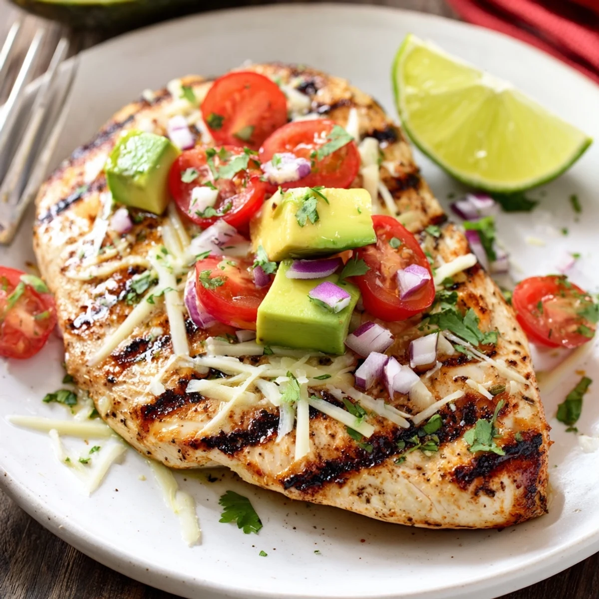 Charred Fiesta Lime Chicken With Avocado, tangy lime aroma and fresh cilantro.