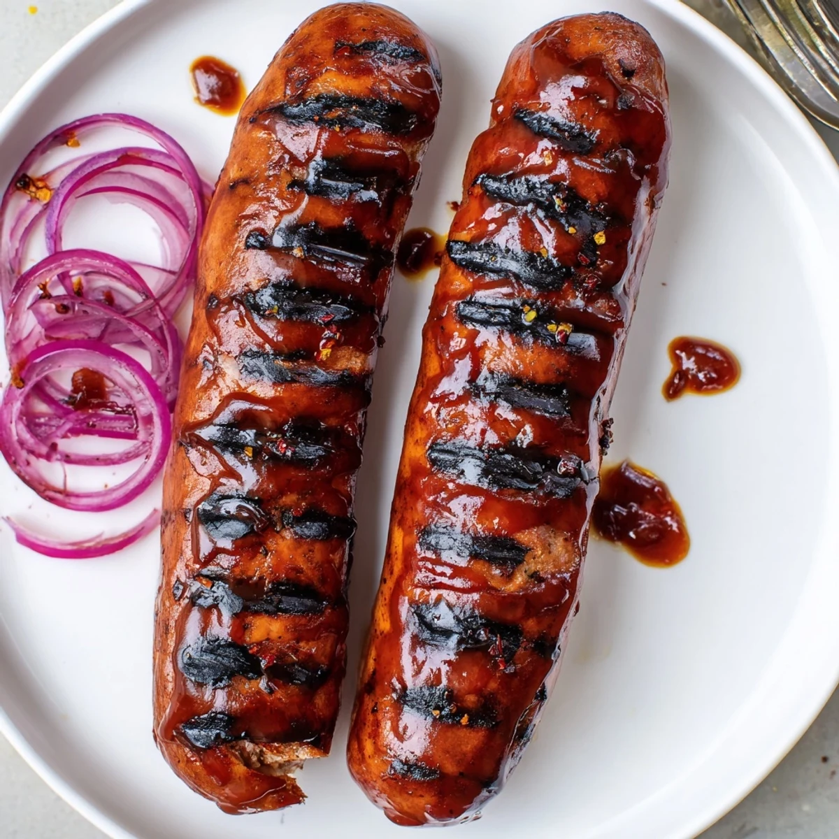 BBQ Sausage Recipe: grilled sausages glazed with tangy sauce, buns steaming