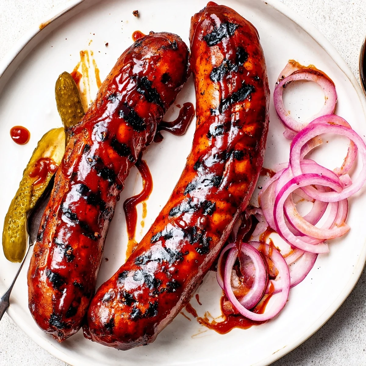 Golden brown BBQ Sausage Recipe served with crunchy pickles and creamy coleslaw