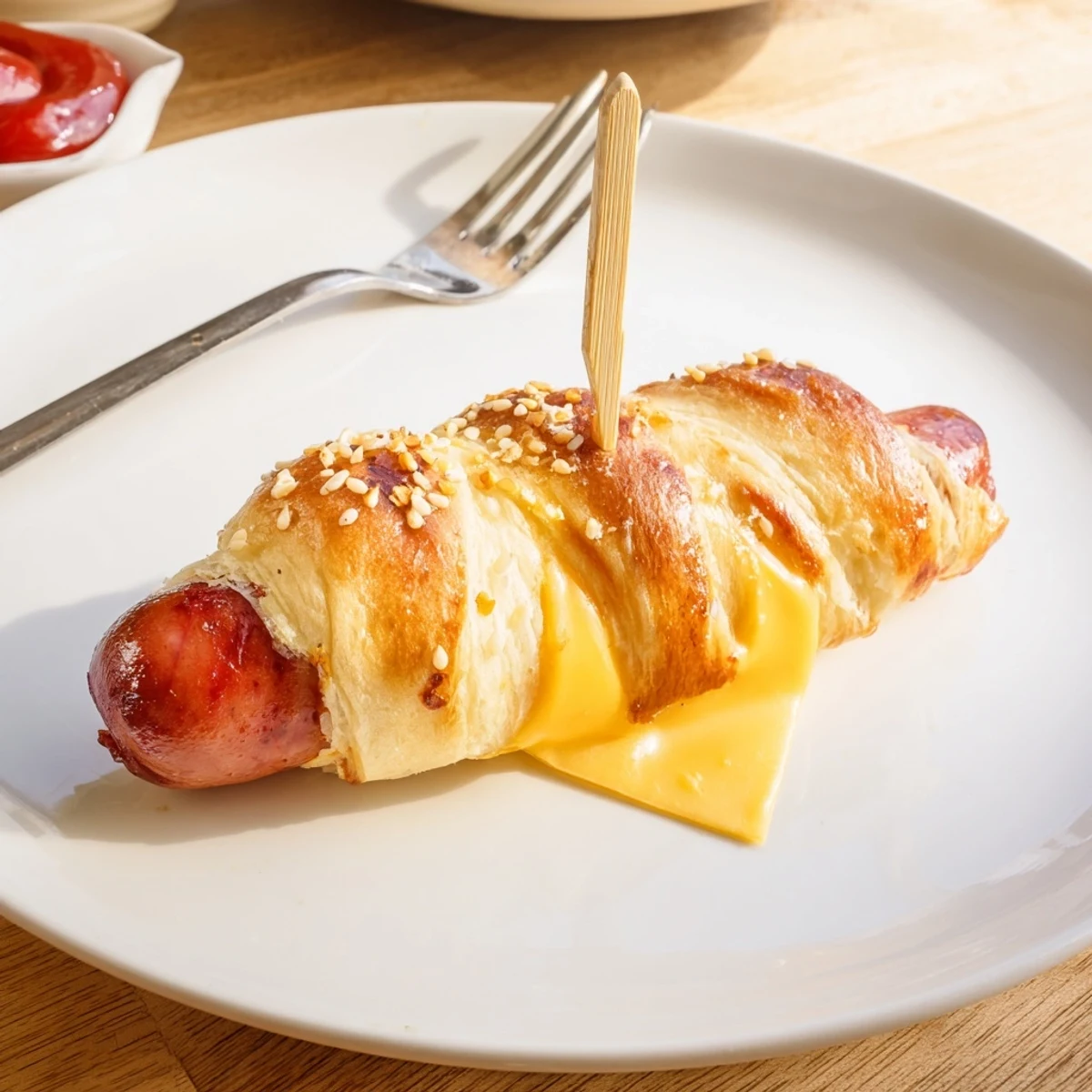 Firecracker Hot Dogs recipe: golden crescent-wrapped dogs brushed with butter, sesame seeds