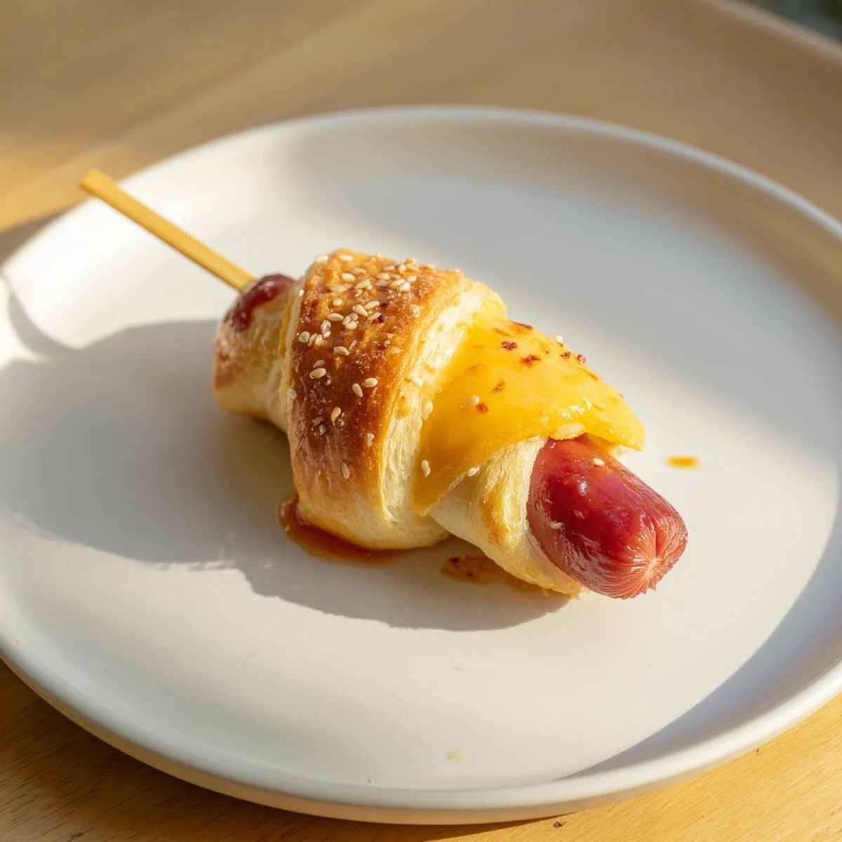 Skewered Firecracker Hot Dogs with melty cheddar, baked until crisp, party-ready