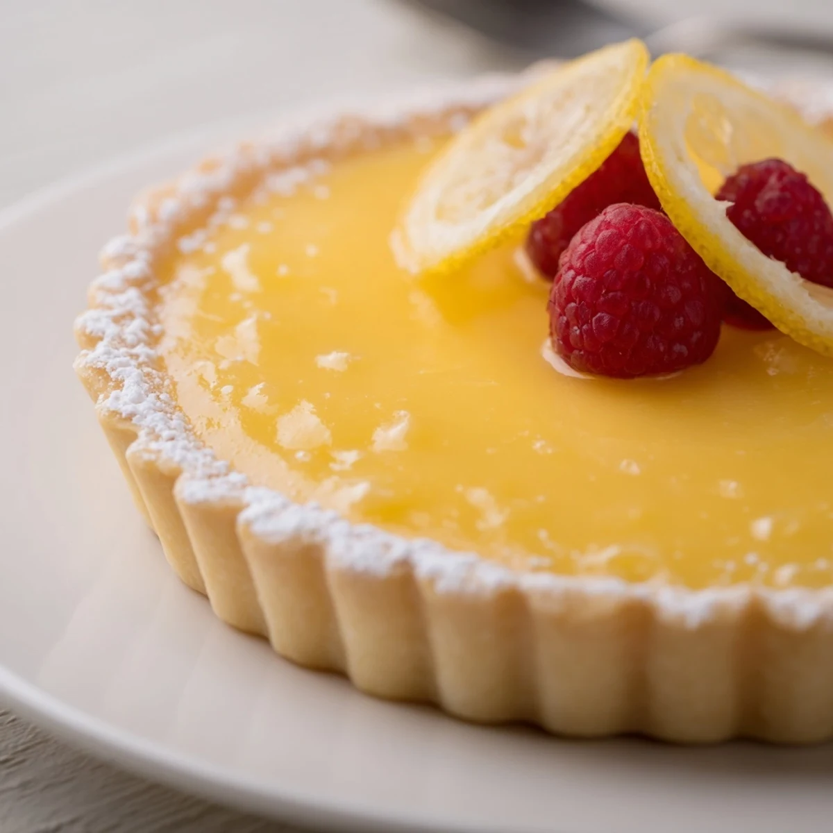 Creamy Lemon Tart Recipe chilled for serving, zesty aroma, fresh berries garnish.