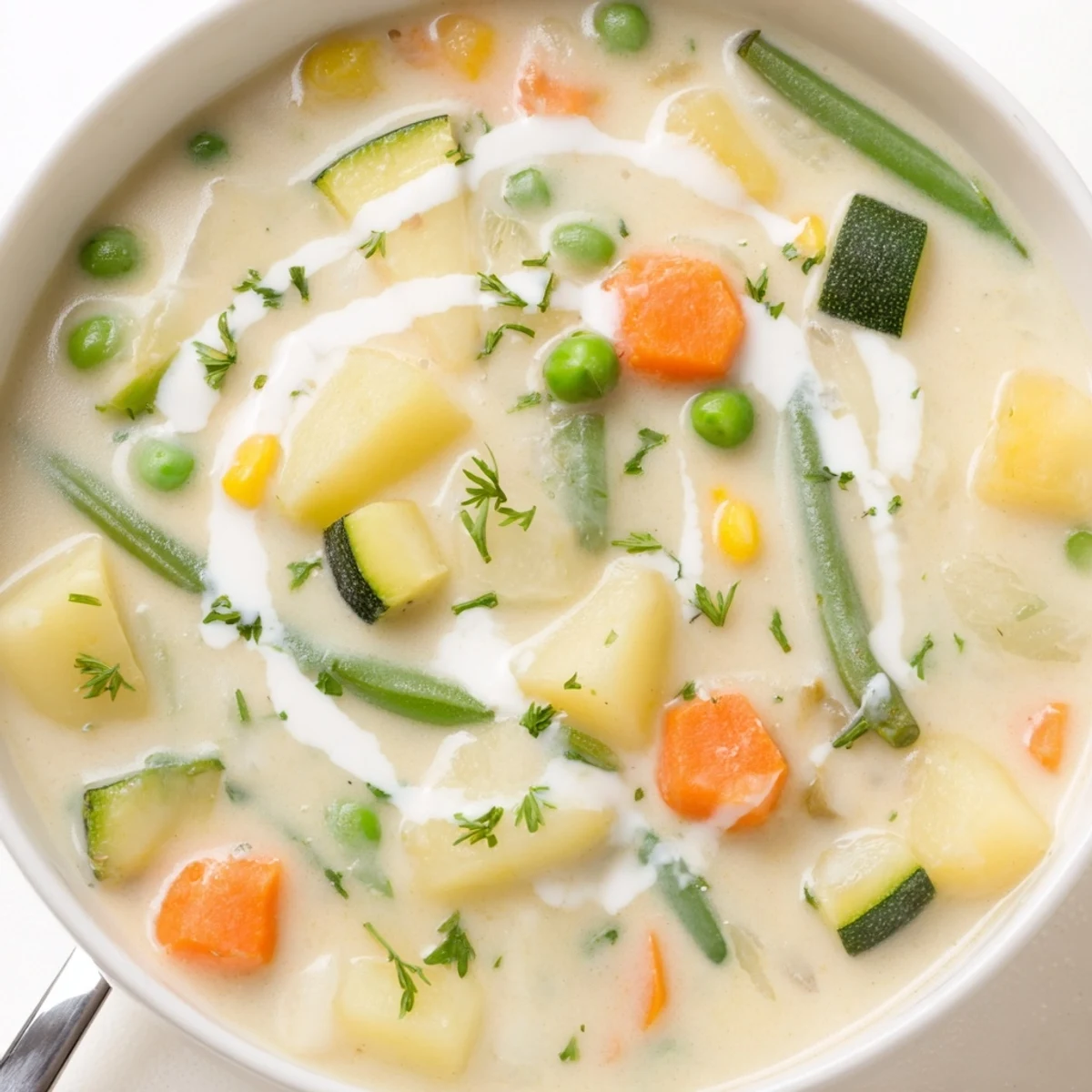 Homestyle Creamy Vegetable Soup Recipe ladled over crusty bread, warm and savory.