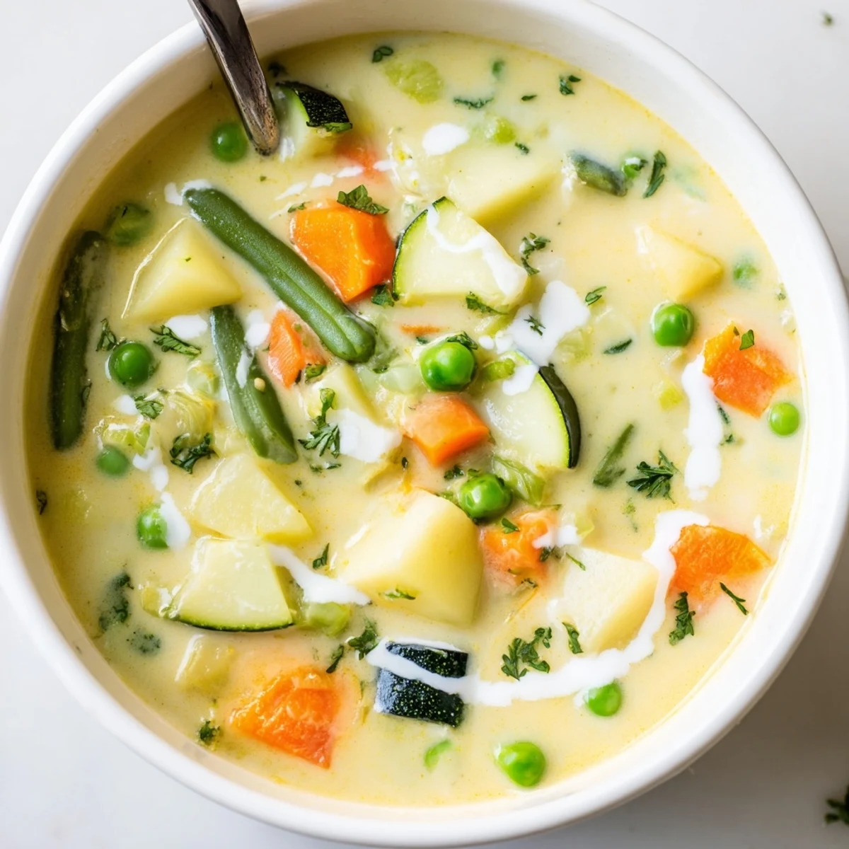 Served hot, Creamy Vegetable Soup Recipe with velvety cream and tender vegetables.