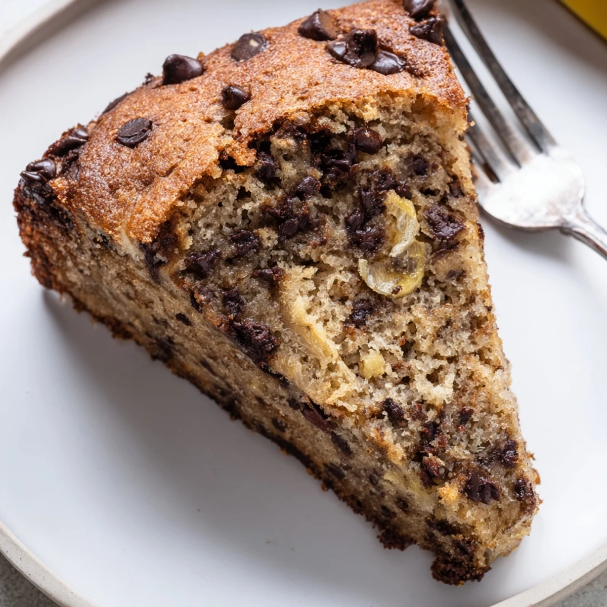 Warm Banana Chocolate Chip Cake Recipe cooling on wire rack, melted chips