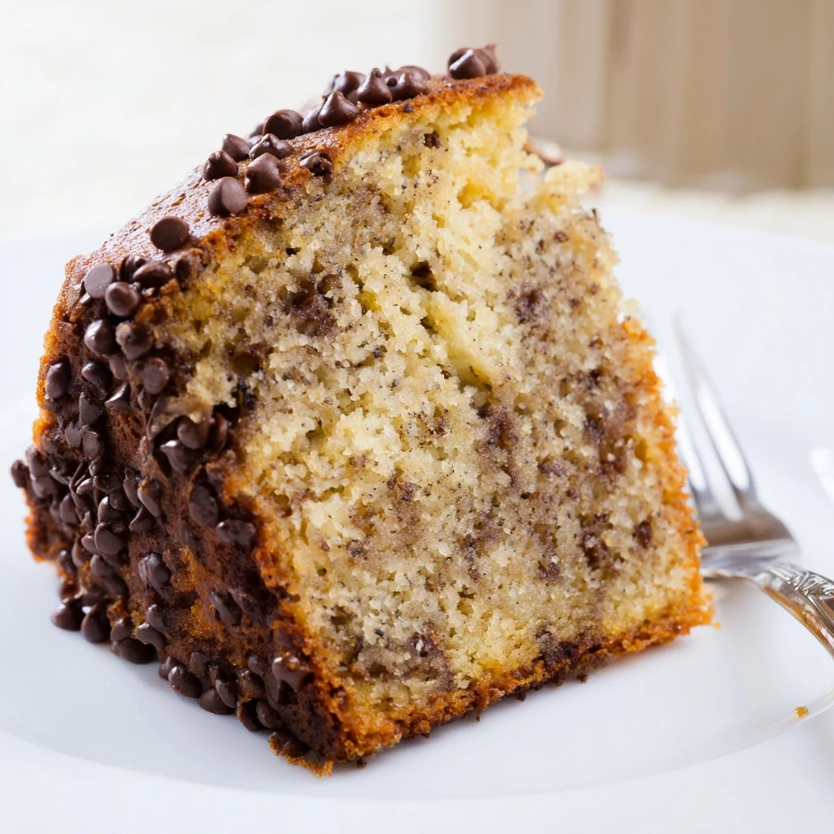 Perfectly baked Banana Chocolate Chip Cake Recipe on plate, ready for dessert