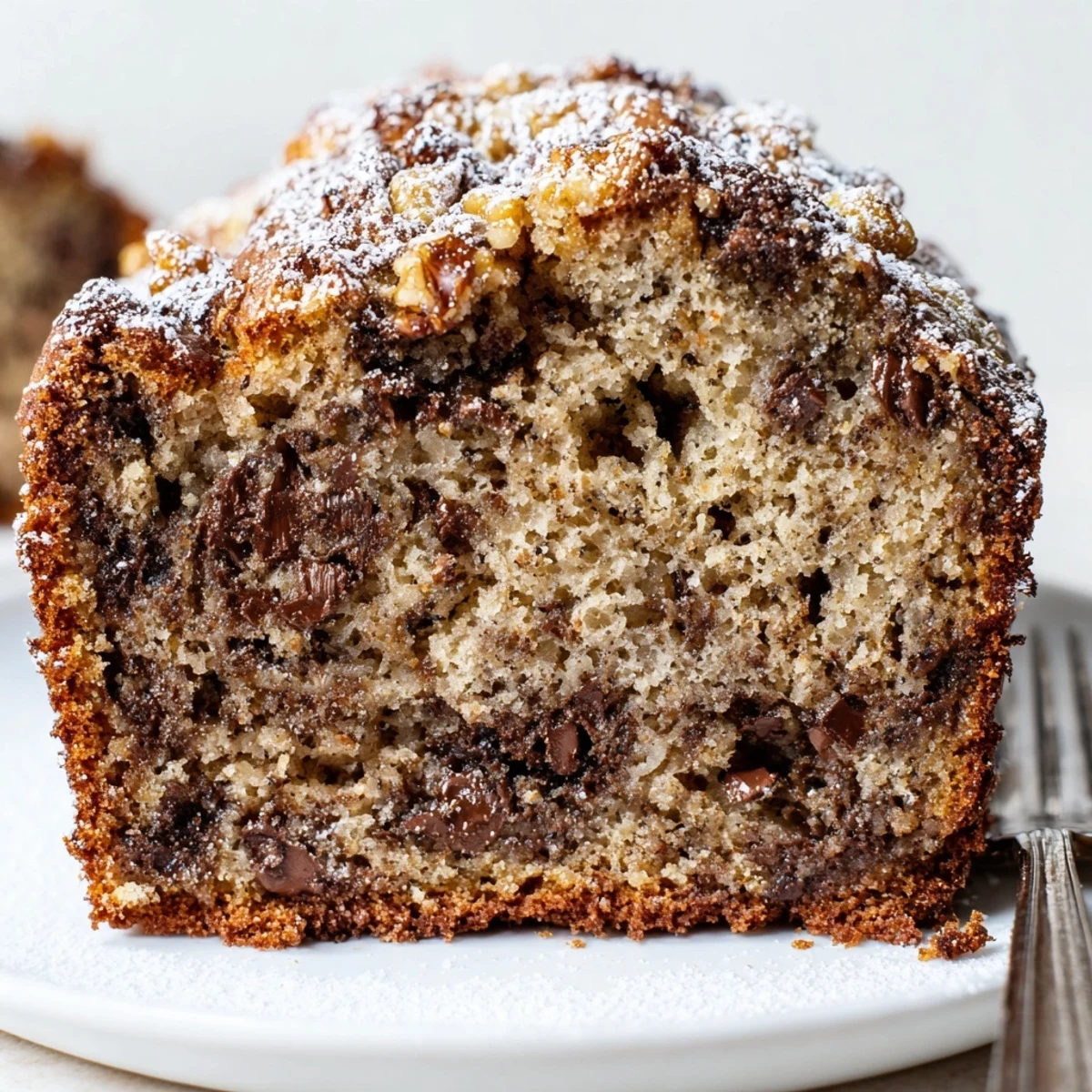 Warm Banana Bread Cake Recipe sliced, steaming center and nutty crumb  