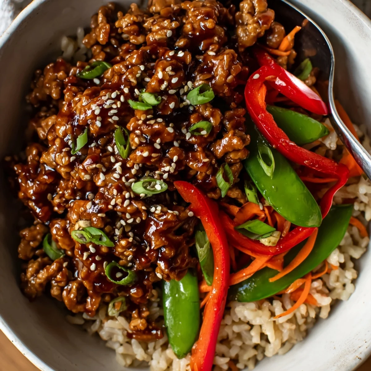 Family-style Teriyaki Turkey Rice Bowls garnished with green onions and sesame seeds