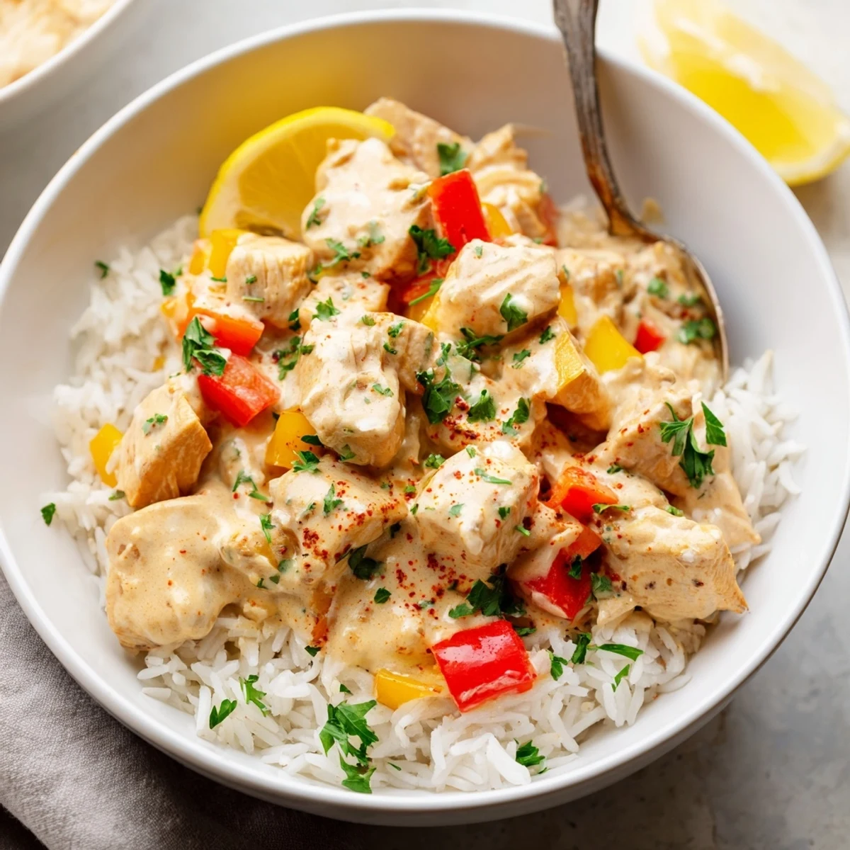 Creamy Cajun Chicken Rice Bowls steaming with velvety sauce, colorful peppers  