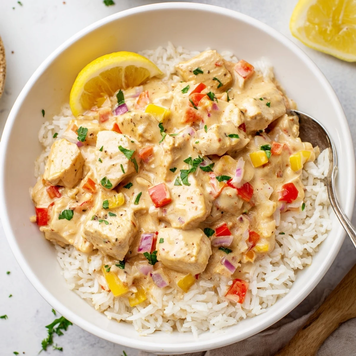Creamy Cajun Chicken Rice Bowls served with parsley garnish and lemon wedges  