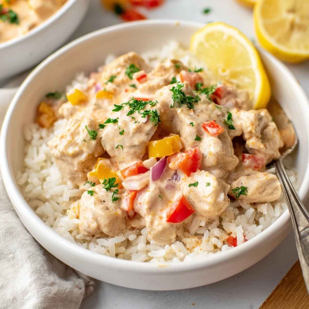 Creamy Cajun Chicken Rice Bowls nestled over fluffy rice, aromatic spices
