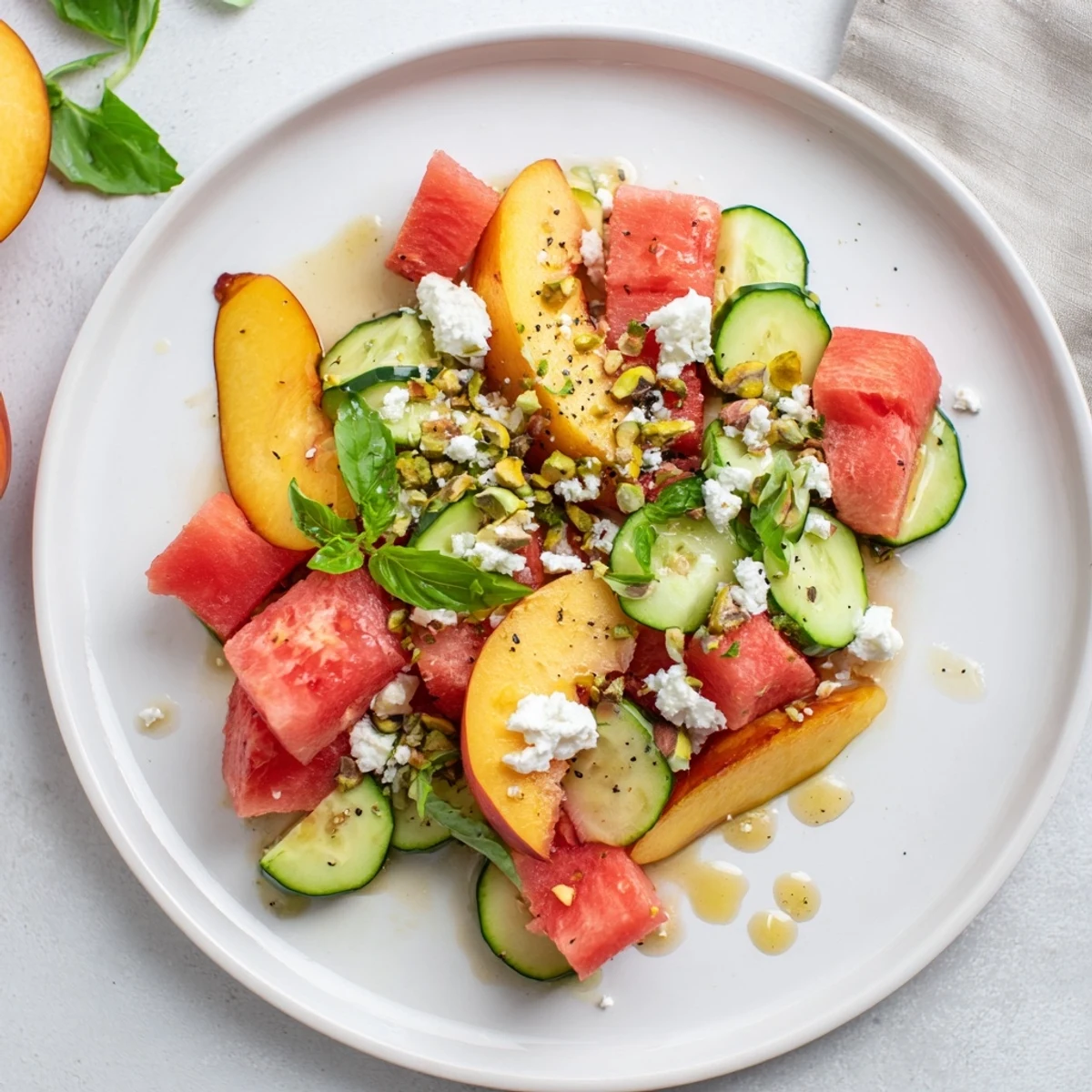 Summer Peach Watermelon Salad piled on platter with mint, feta, bright dressing