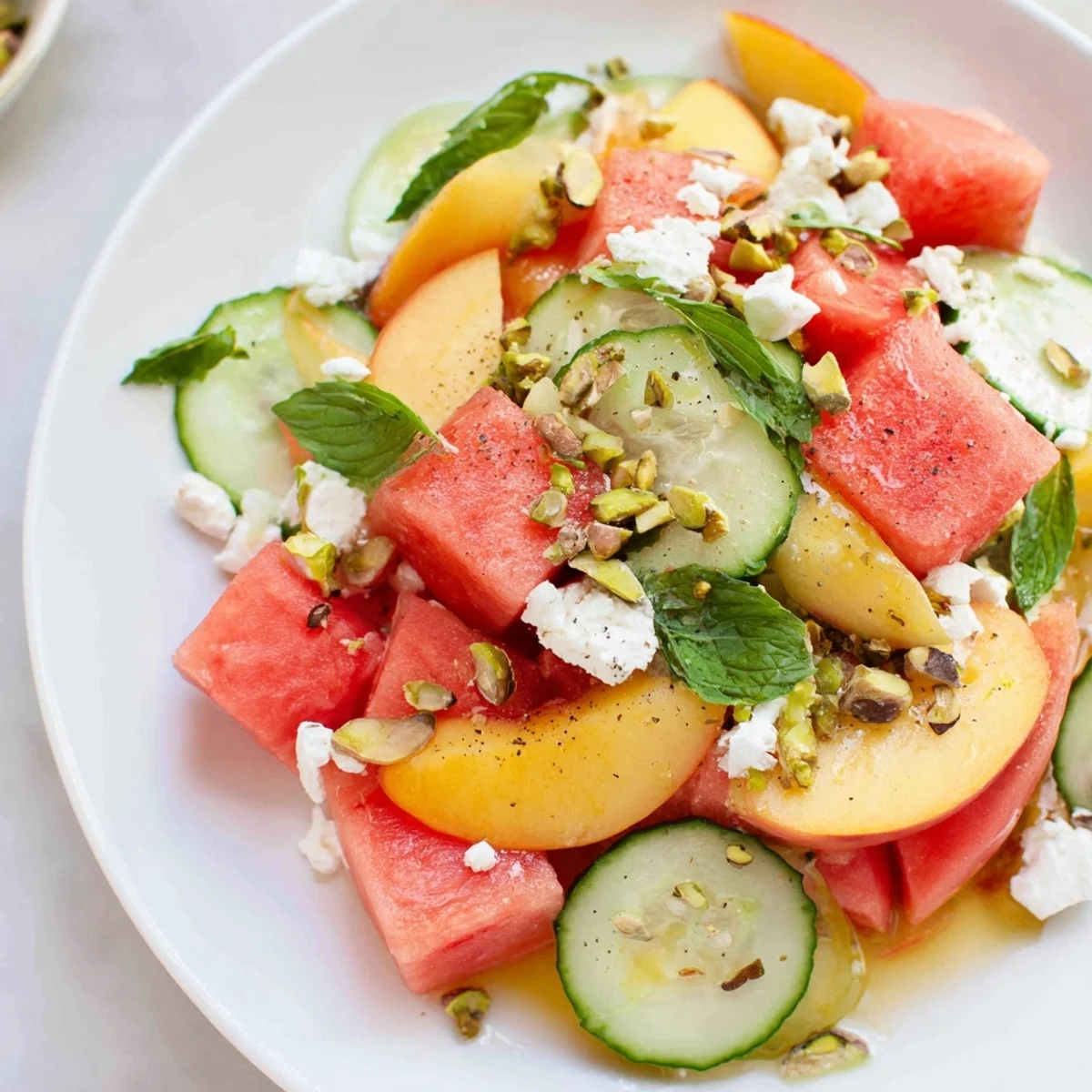 Summer Peach Watermelon Salad served family-style, juicy peaches, basil, and feta garnish