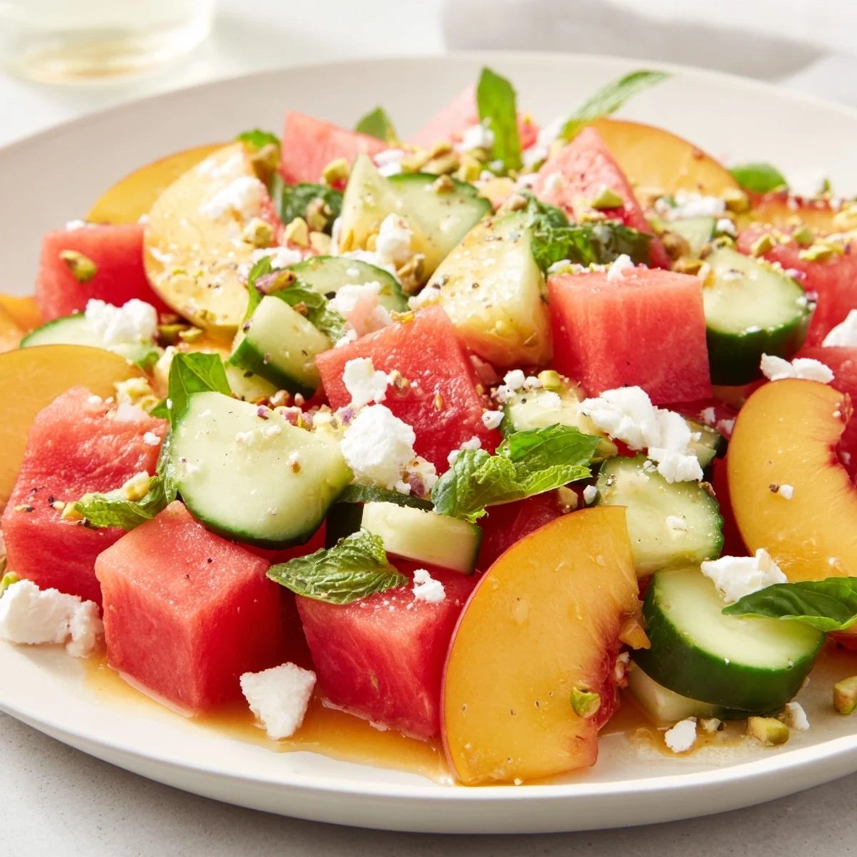 Chilled bowl of Summer Peach Watermelon Salad with cucumber, pistachios, honey-lime