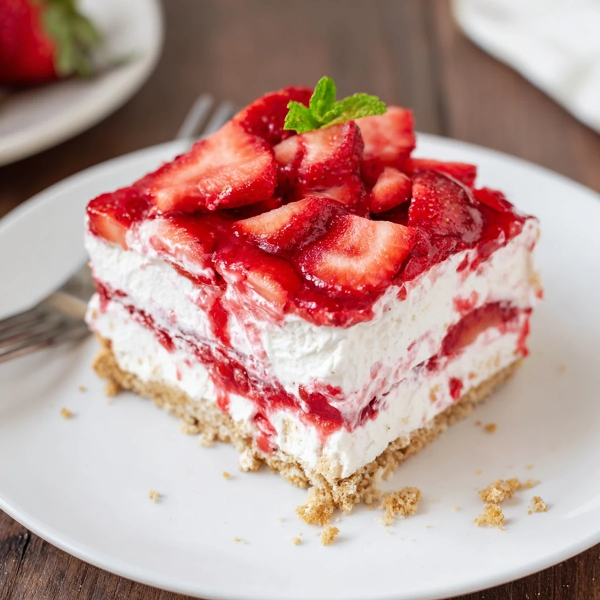 Creamy No Bake Strawberry Shortcake Dessert layered with whipped cream, macerated strawberries
