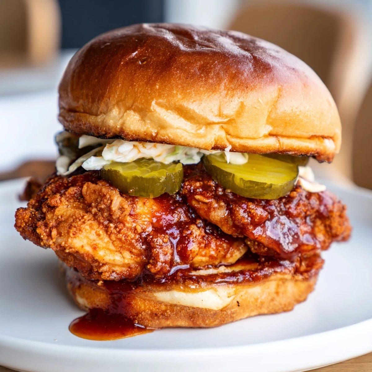Spicy Nashville Hot Chicken Sandwiches with glossy cayenne glaze, crunchy pickles and slaw