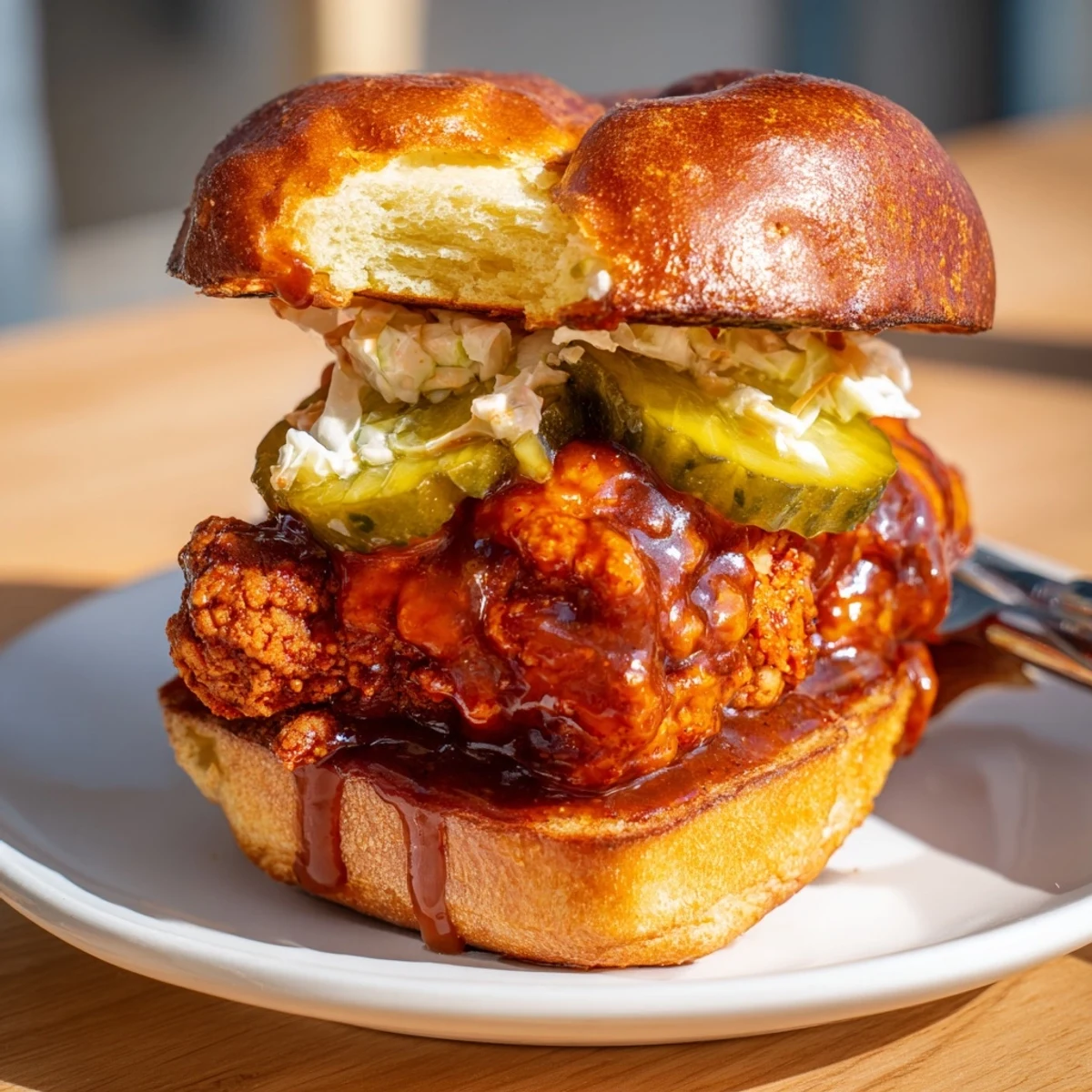 Crispy, fiery Spicy Nashville Hot Chicken Sandwiches served with cold dill pickles, iced tea