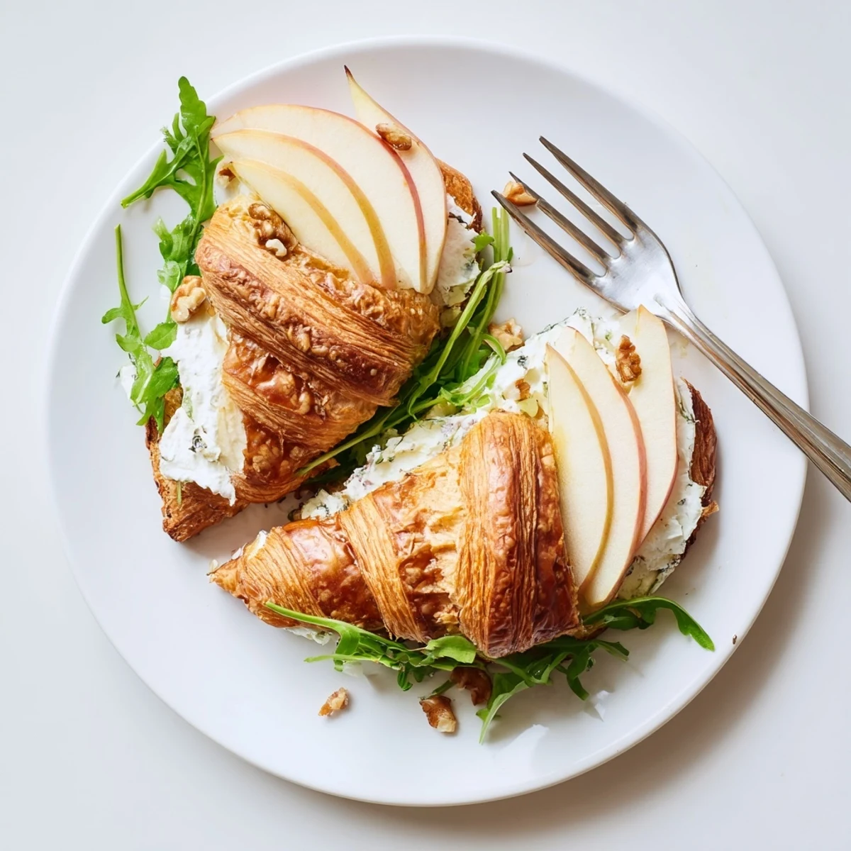 Apple Goat Cheese Croissant Sandwich with creamy spread, crisp apple slices, peppery arugula