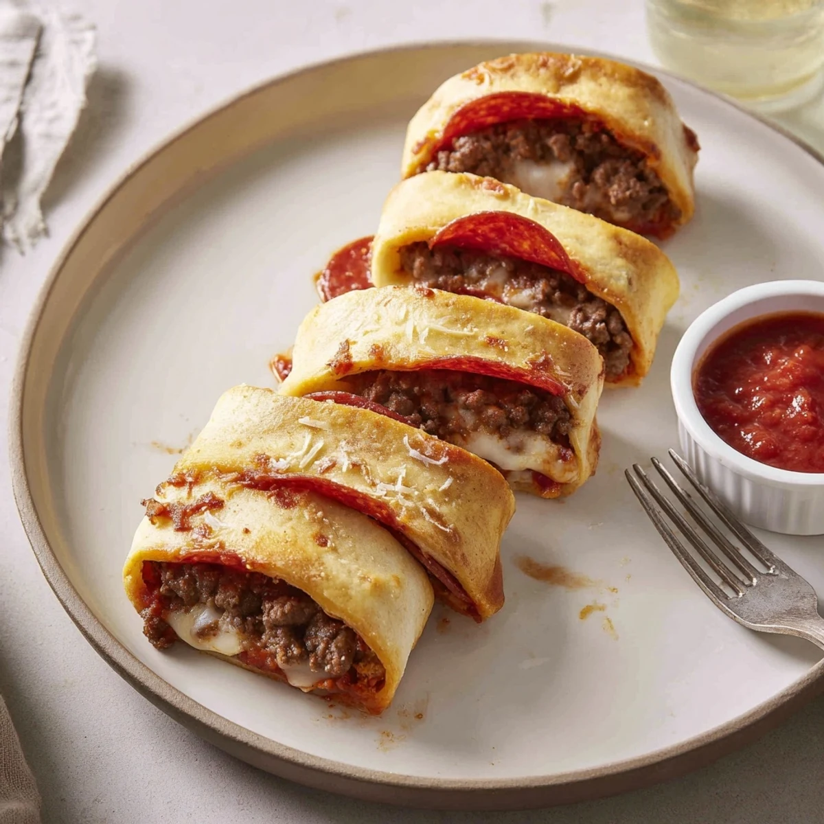 Cheesy Beef Pepperoni Pizza Roll Ups Snack Recipe showing golden baked spirals, gooey cheese