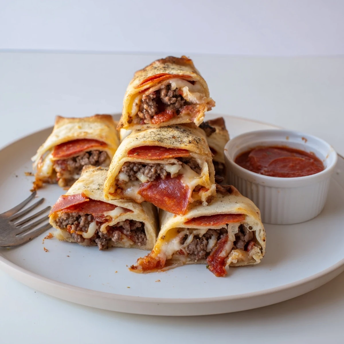 Warm Cheesy Beef Pepperoni Pizza Roll Ups Snack Recipe served with rich pizza sauce