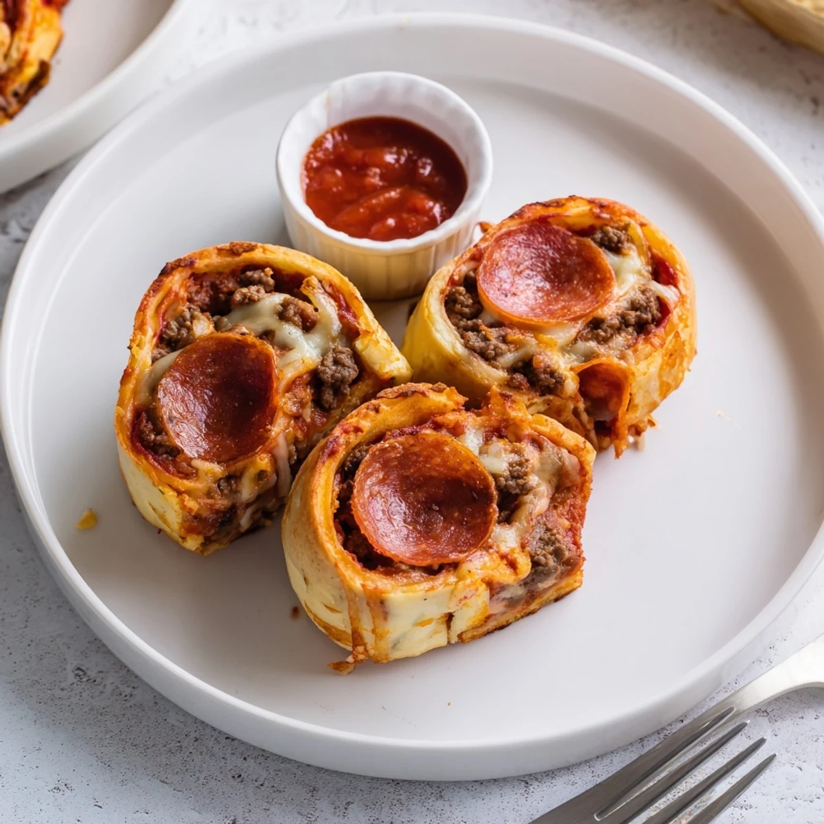 Freshly baked Cheesy Beef Pepperoni Pizza Roll Ups Snack Recipe, crispy edges, melty center
