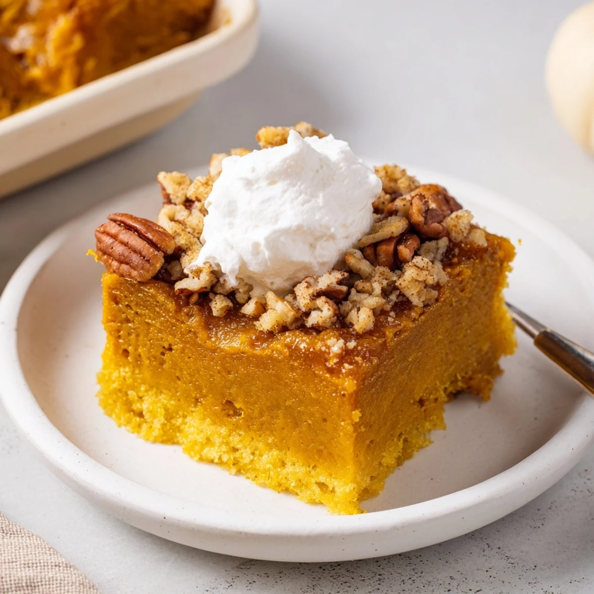 Pumpkin Dump Cake with golden pecan crunch, warm spiced aroma, scoopable