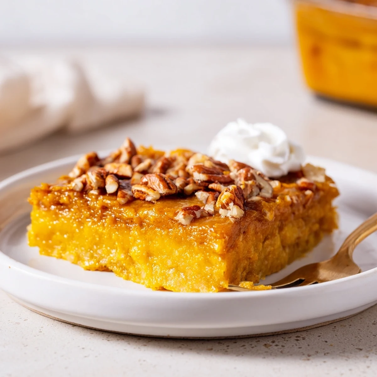 A 9x13 pan of Pumpkin Dump Cake, bubbling, golden and buttery