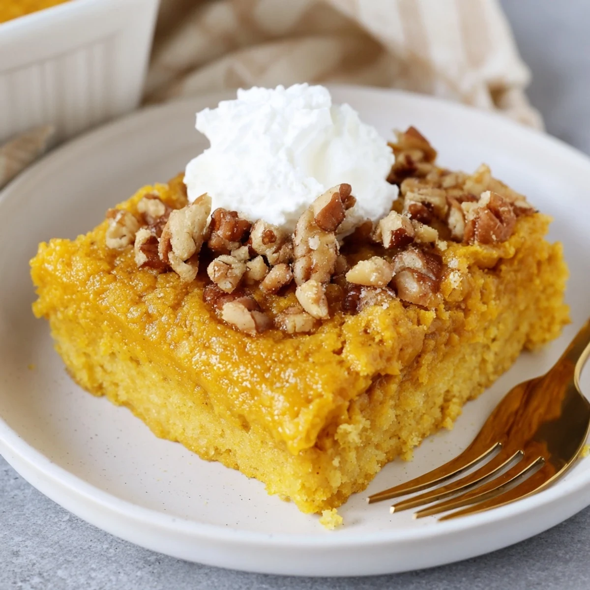 Slice of Pumpkin Dump Cake topped with whipped cream and toasty pecans