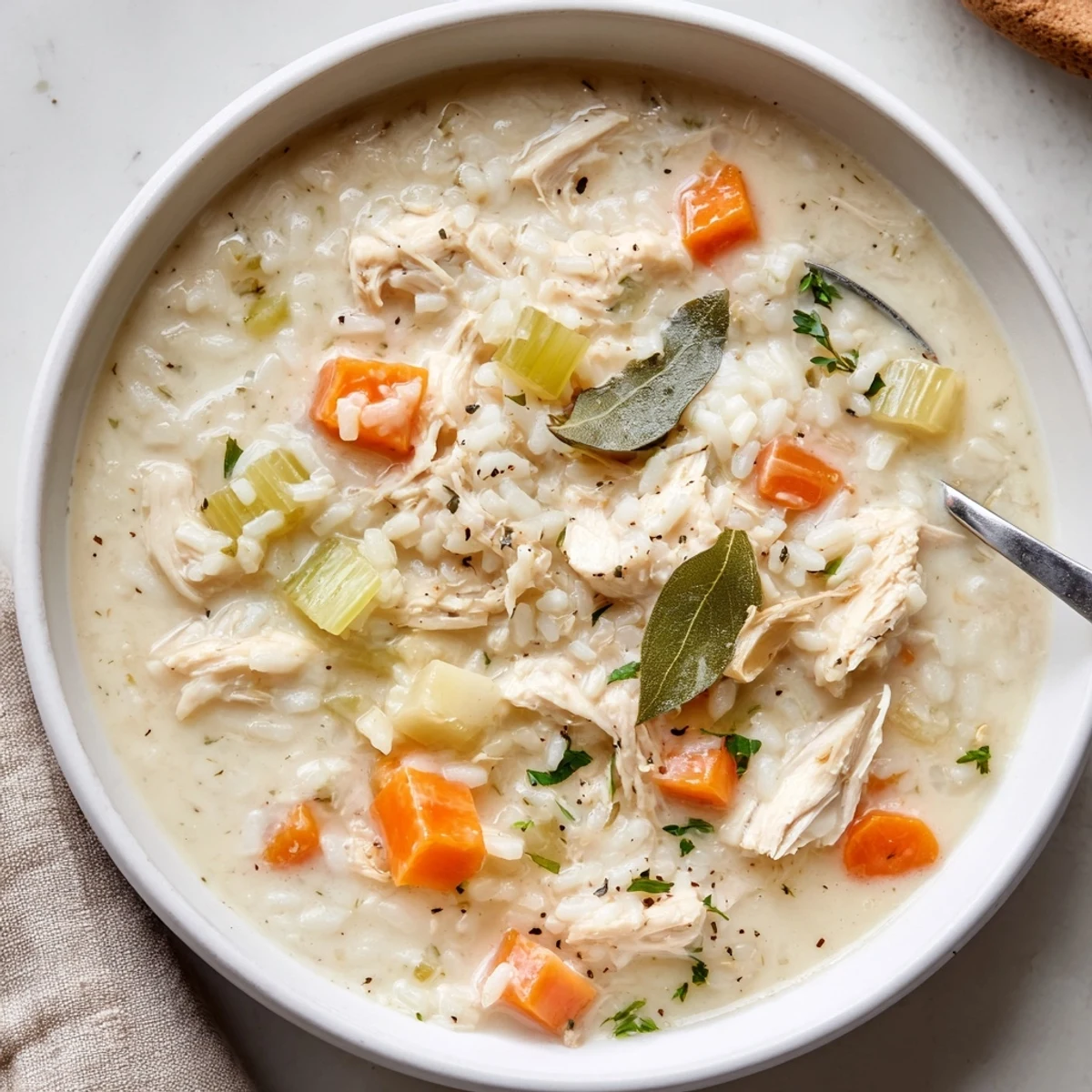 Steaming bowl of Creamy Chicken Rice Soup with tender chicken and carrots  