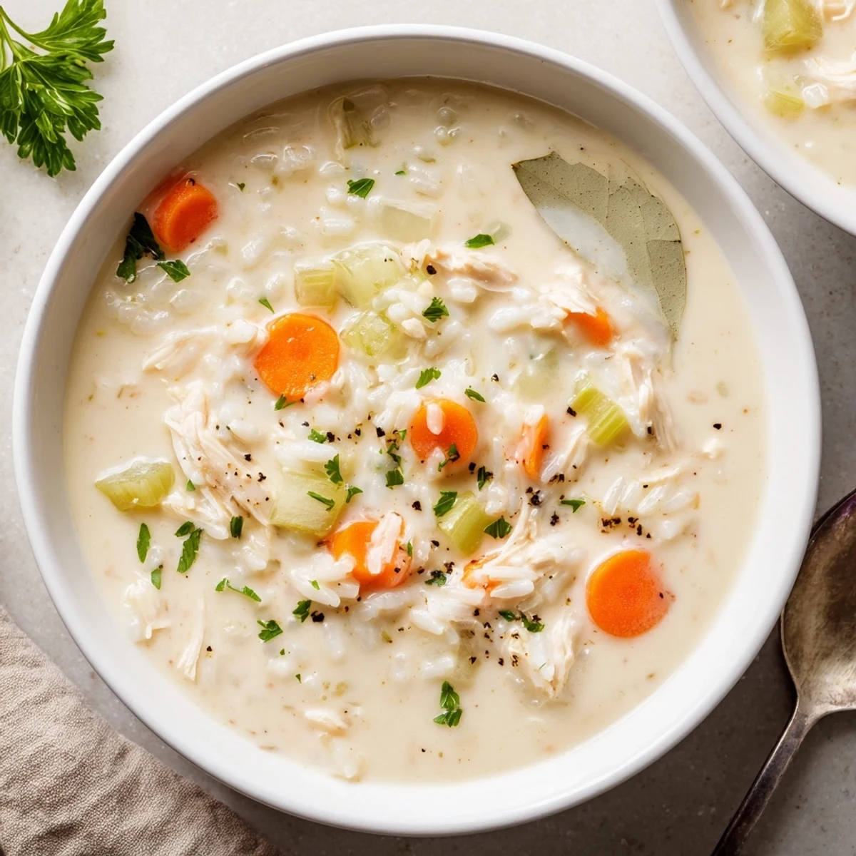 Creamy Chicken Rice Soup ladled over crusty bread, garnished with fresh parsley  
