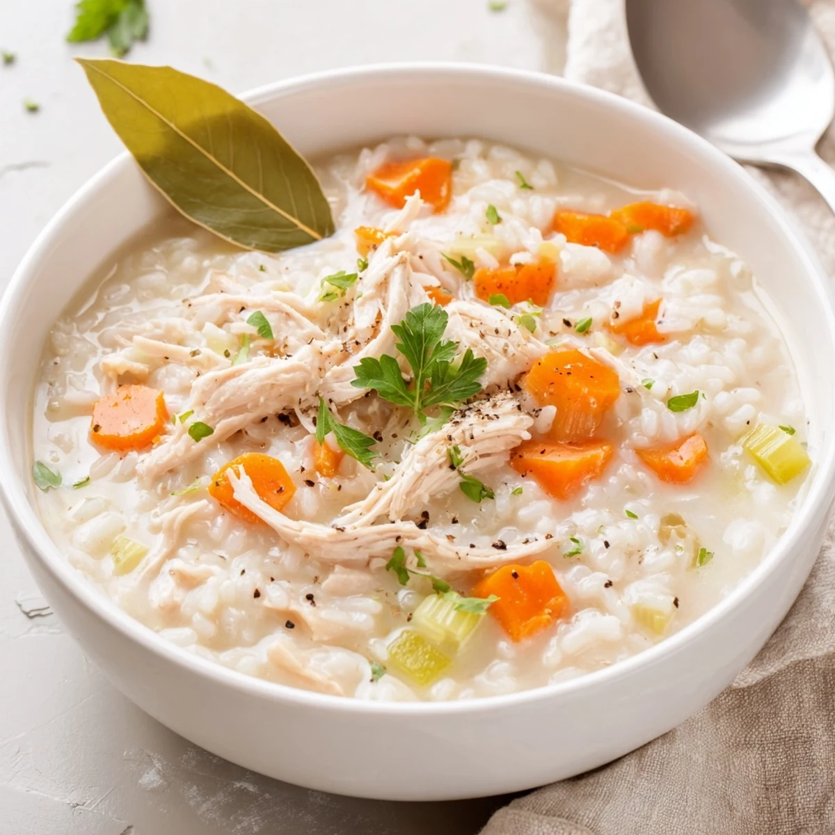 Hearty Creamy Chicken Rice Soup in a white bowl, spoon ready