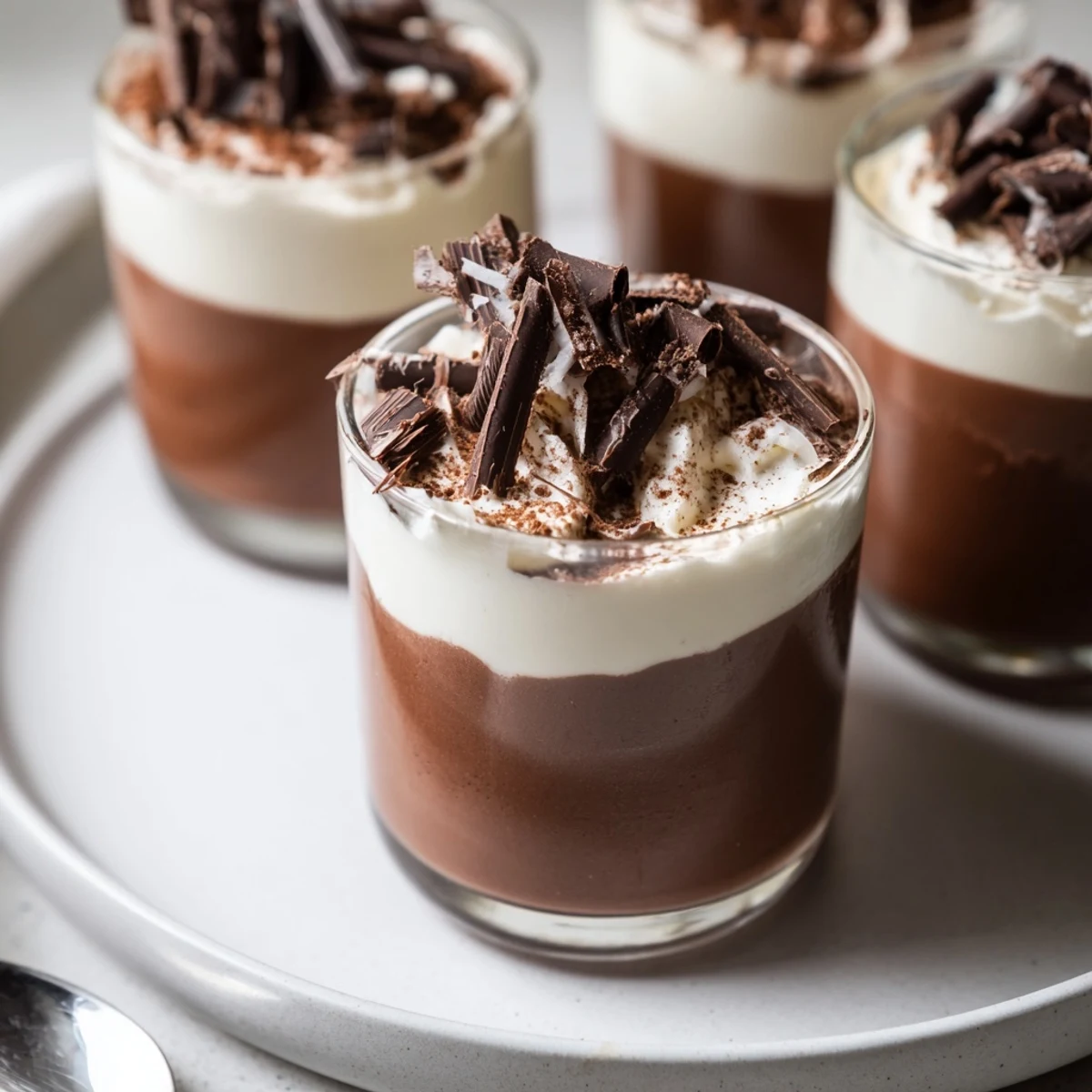 Individual Triple Chocolate Mousse Cups, spoon-ready, serve chilled with espresso
