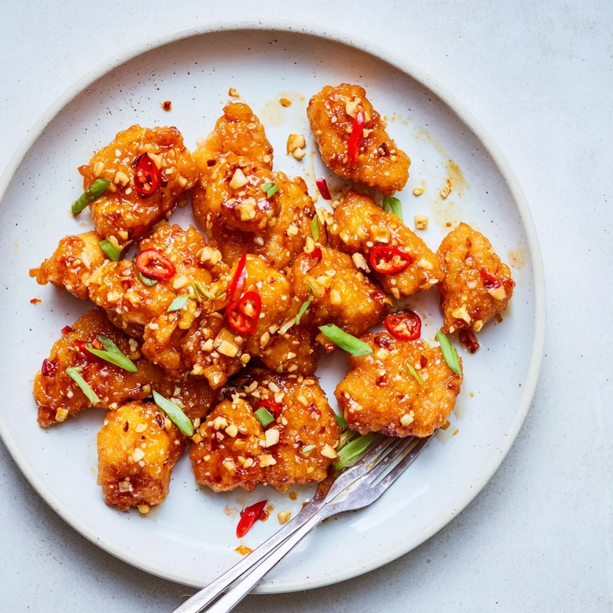 Golden orange chicken pieces glazed in sweet citrus sauce garnished with green onions and sesame seeds