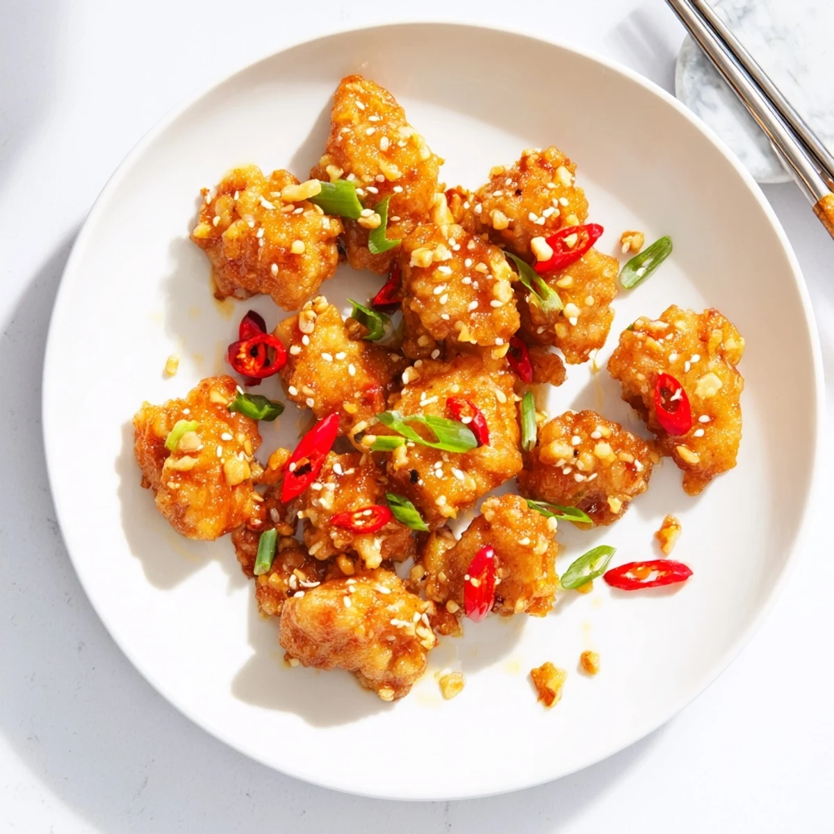 Chinese-American orange chicken featuring crispy coated chicken chunks in thick glossy orange sauce topped with sesame