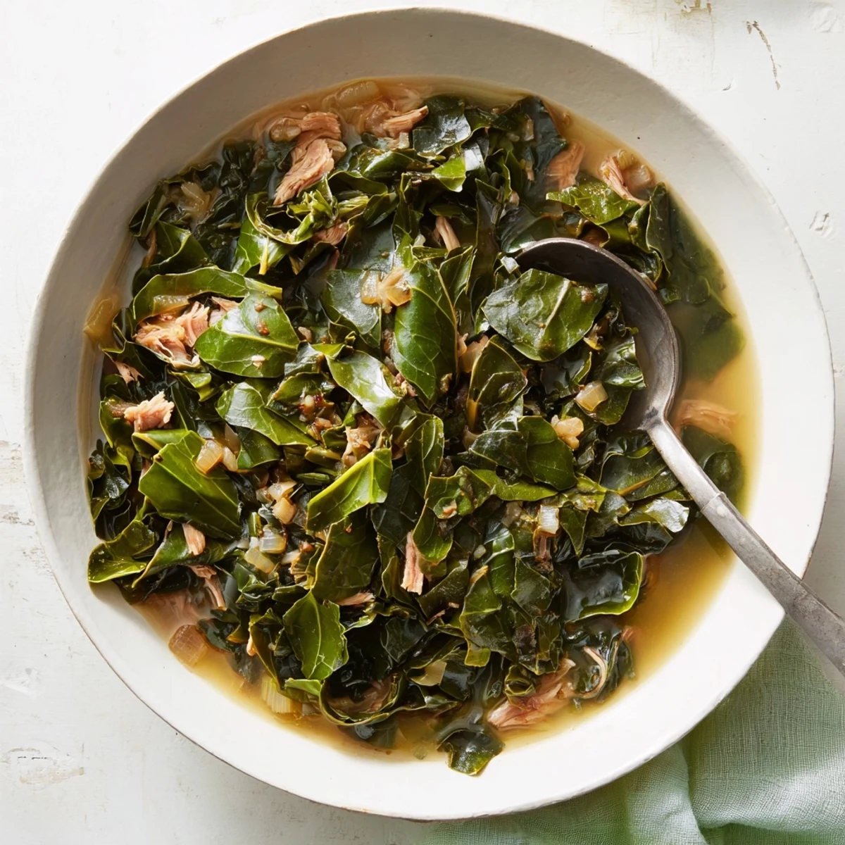 Golden green collard greens dish served in bowl alongside savory cornbread for Southern comfort meal