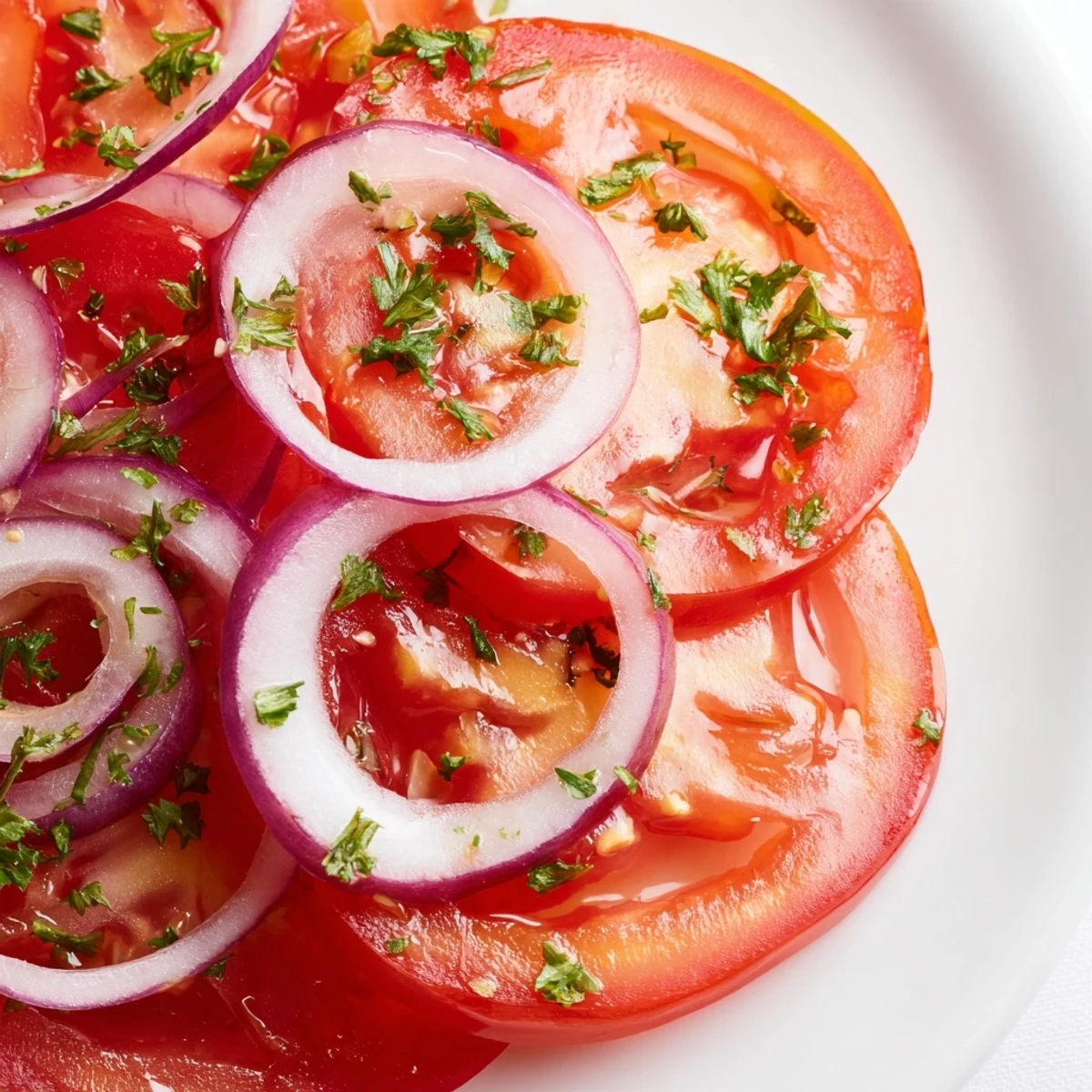 Fresh tomato and onion salad arranged on white plate with light vinaigrette drizzled over vibrant red slices