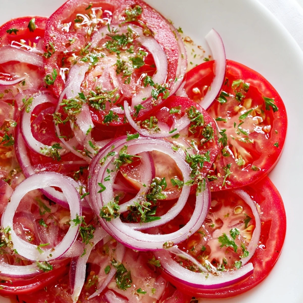 Crisp tomato and onion salad layered with chopped parsley glistening under olive oil dressing on serving platter