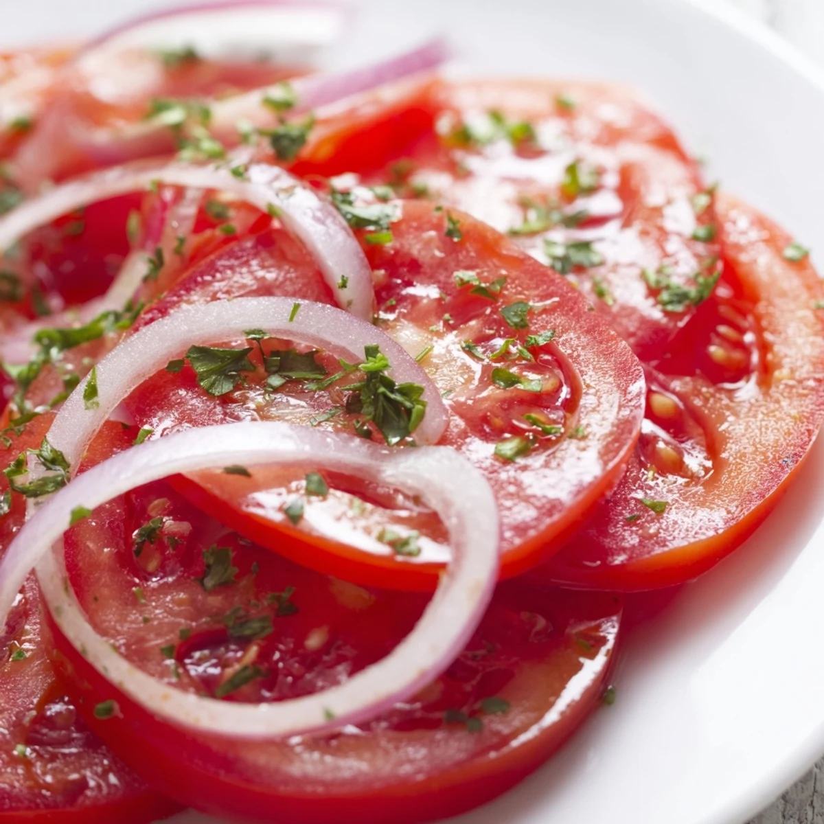 Ripe tomato and onion salad featuring thinly sliced red rings and fresh herbs in refreshing Mediterranean style
